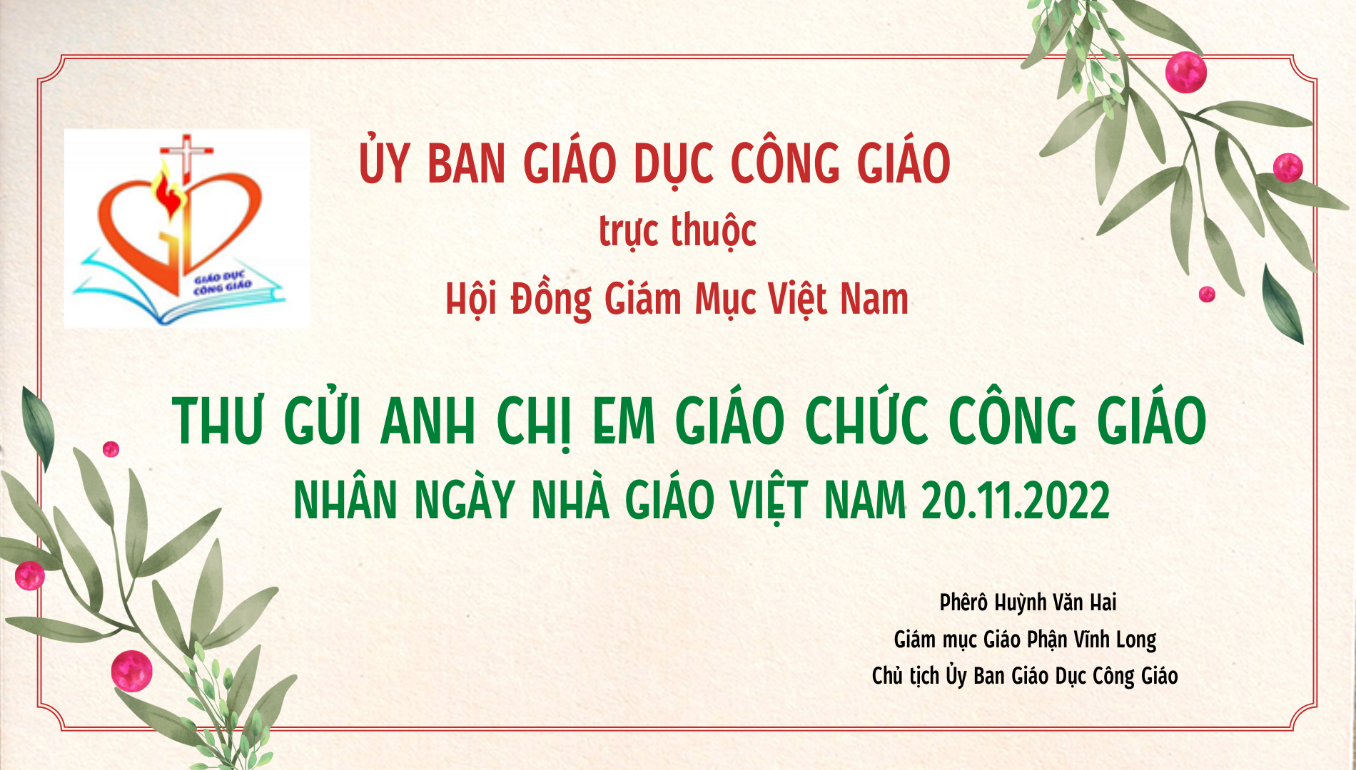 Ủy Ban Giáo Dục Công Giáo: Thư gửi anh chị em giáo chức Công giáo nhân ngày Nhà giáo Việt Nam 20.11.2022