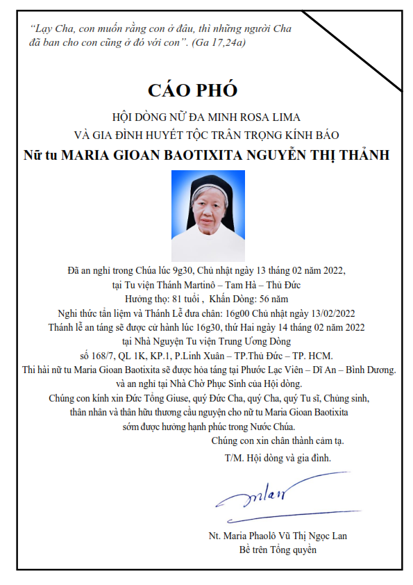 Xin cầu nguyện cho Nữ tu Maria Gioan Baotixita Nguyễn Thị Thảnh