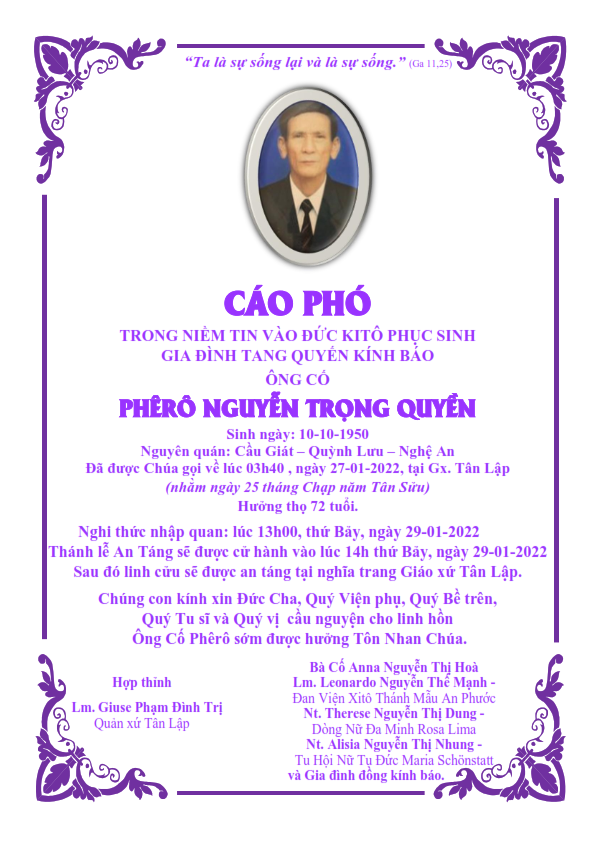Ai tín Ông Cố PHÊRÔ NGUYỄN TRỌNG QUYỀN - thân phụ chị Têrêsa Nguyễn Thị Dung