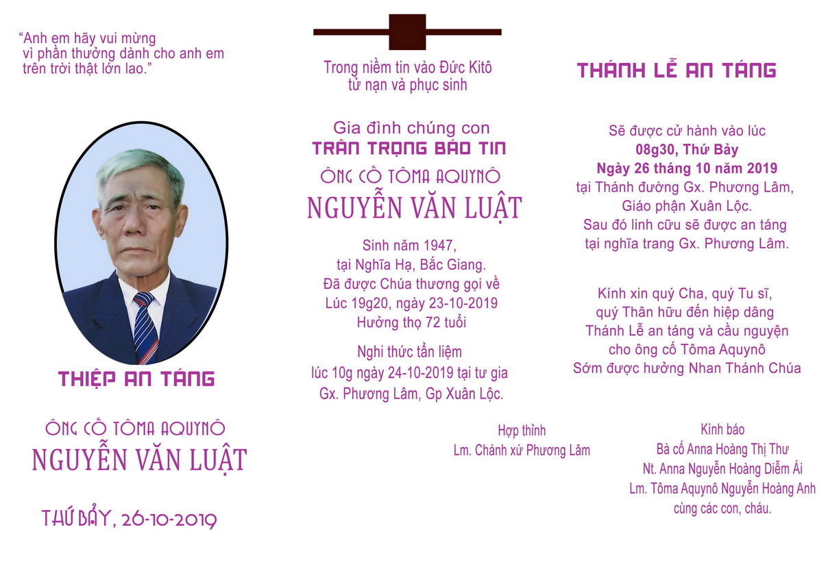 Xin cầu nguyện cho Ông Cố Tôma Aquinô NGUYỄN VĂN LUẬT - thân phụ của Sr.Anna Nguyễn Hoàng Diễm Ái