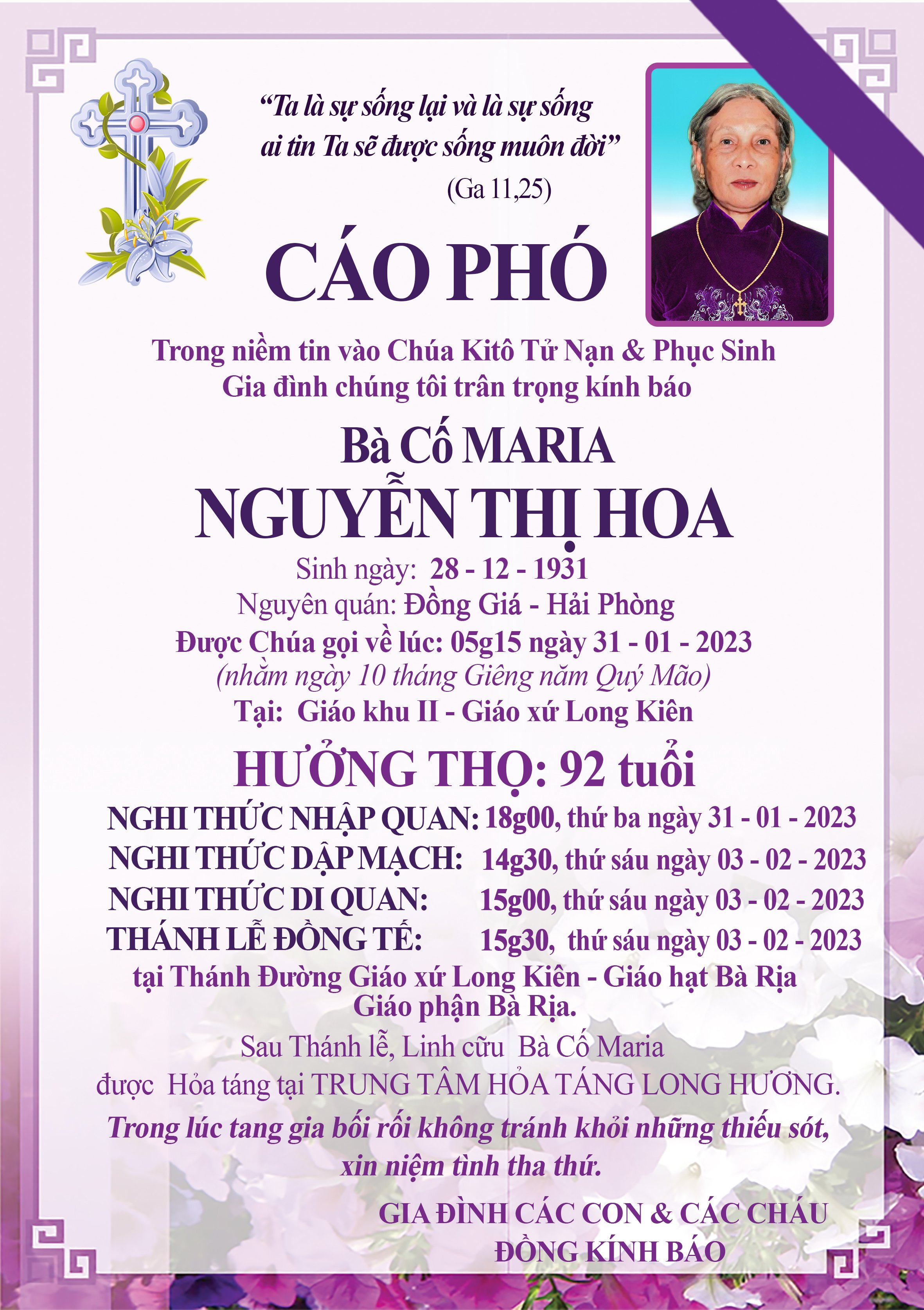 Xin cầu nguyện cho bà Cố Maria- Thân Mẫu chị Bề trên Nguyễn Thị Uyên Thao mới được Chúa gọi về
